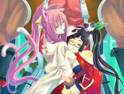 Rule 34 | 2girls, animal ears, arc system works, bare shoulders, black hair, blazblue, blazblue: calamity trigger, bracelet, breasts, brown eyes, candy, cat ears, cat girl, cat tail, china dress, chinese clothes, cleavage, cleavage cutout, clothing cutout, dress, female focus, food, glasses, iron tager, jewelry, kokonoe (blazblue), lab coat, lao jiu, litchi faye ling, lollipop, long hair, looking back, medium breasts, multiple girls, multiple tails, nail polish, noran, panda, pince-nez, pink hair, ponytail, ribbon, tail, yellow eyes, yellow ribbon