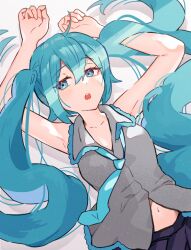 Rule 34 | :o, ahoge, aqua eyes, aqua hair, aqua necktie, armpit crease, armpits, arms up, blush, collarbone, enipa 28, grey shirt, hatsune miku, highres, light rays, long hair, looking to the side, loose hair strand, loose necktie, lying, midriff peek, navel, necktie, on back, on bed, partially undressed, shirt, sunbeam, sunlight, teeth, twintails, upper teeth only, very long hair, vocaloid