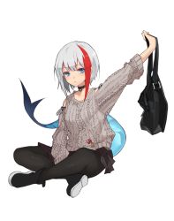 Rule 34 | 1girl, admiral graf spee (azur lane), admiral graf spee (peaceful daily life) (azur lane), azur lane, badge, bag, bare shoulders, black pantyhose, blue eyes, boots, button badge, choker, commentary, crossed legs, fins, fish tail, grey hair, highres, holding, holding bag, looking at viewer, multicolored hair, page&#039;as, pantyhose, pleated skirt, shark tail, short hair, simple background, sitting, skirt, solo, streaked hair, sweater, tail, white background