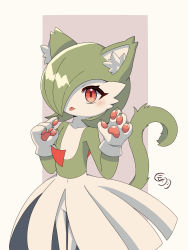 Rule 34 | 1girl, :&lt;, animal ear fluff, animal ears, animal hands, artist name, blush, bob cut, border, cat ears, cat girl, cat tail, closed mouth, collarbone, colored skin, cowboy shot, creatures (company), female focus, flat chest, game freak, gardevoir, gen 3 pokemon, gloves, green hair, green skin, hair over one eye, hands up, highres, looking at viewer, multicolored skin, nintendo, one eye covered, outside border, paw gloves, pokemon, pokemon (creature), purple background, red eyes, shinba (sinba812), short hair, signature, simple background, solo, standing, tail, tail raised, tongue, tongue out, two-tone skin, white border, white gloves, white skin
