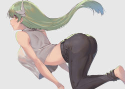 Rule 34 | 1girl, ass, barefoot, breasts, dragon horns, fate/grand order, fate (series), green hair, grey background, horns, kiyohime (fate), large breasts, long hair, looking back, oukawa yuu, pants, see-through, shirt, smile, solo, white shirt, yellow eyes