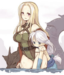 Rule 34 | 1boy, 1girl, 7010, blonde hair, blue eyes, blush, breasts, child, long hair, looking at viewer, monster collection, pointy ears, ponytail, red eyes, water, white hair