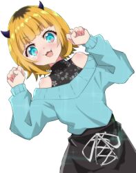 Rule 34 | 1girl, :3, bare shoulders, black skirt, blonde hair, blue eyes, blue sweater, blunt bangs, blush, charumi m, commentary request, cowboy shot, demon horns, fake horns, fang, hands up, highres, horns, long sleeves, looking at viewer, mem-cho, multicolored hair, off-shoulder sweater, off shoulder, open mouth, oshi no ko, partial commentary, puffy sleeves, ribbon, roots (hair), short hair, simple background, skirt, solo, sparkle, sweater, white background, white ribbon