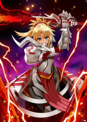 Rule 34 | 1girl, absurdres, armor, blonde hair, braid, clarent (fate), clenched teeth, electricity, fate/apocrypha, fate (series), french braid, gauntlets, green eyes, highres, holding, holding sword, holding weapon, long hair, looking at viewer, mk (lazymk), mordred (fate), mordred (fate/apocrypha), ponytail, shoulder armor, solo, sword, teeth, weapon