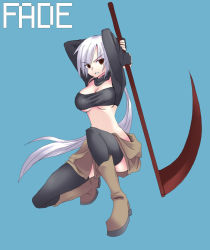 Rule 34 | 1girl, arms behind head, arms up, black eyes, black thighhighs, blue background, boots, breasts, knee boots, long hair, ment, midriff, on one knee, original, ponytail, red eyes, scythe, serious, simple background, solo, squatting, thighhighs, underboob, weapon, white hair