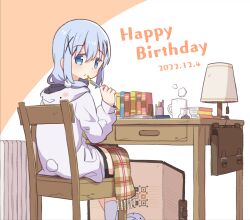 Rule 34 | 1girl, animal slippers, bag, black skirt, blue eyes, blue hair, book, brown scarf, bunny slippers, chair, character hood, closed mouth, commentary request, cup, dated, desk, desk lamp, drawer, fake tail, from behind, gochuumon wa usagi desu ka?, hair between eyes, hair ornament, hairclip, happy birthday, holding, holding pen, hood, hoodie, kafuu chino, lamp, light blue hair, long hair, long sleeves, looking at viewer, miniskirt, mohei, mug, orange background, pen, pencil, pencil case, plaid, plaid scarf, pleated skirt, pocket, rabbit tail, radiator, scarf, school bag, screen, sidelocks, simple background, sitting, skirt, slippers, socks, solo, steam, tail, tippy (gochiusa), two-tone background, white background, white footwear, white hoodie, white socks, x hair ornament
