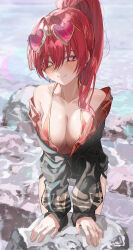 Rule 34 | 1girl, bare shoulders, breasts, cleavage, heart, heart-shaped pupils, highres, hololive, houshou marine, kangshi, large breasts, long hair, looking at viewer, outdoors, ponytail, red eyes, red hair, smile, solo, symbol-shaped pupils, yellow eyes