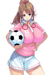 1girl ball blue_eyes breasts brown_hair covered_erect_nipples female_focus hand_on_own_hip highres kouno_(masao) large_breasts long_hair looking_at_viewer original ponytail shorts simple_background smile soccer_ball soccer_uniform solo sportswear whistle white_background