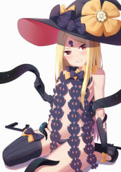 Rule 34 | 1girl, abigail williams (fate), abigail williams (second ascension) (fate), bandaid, bandaids on nipples, black bow, black footwear, black gloves, black hat, black panties, black thighhighs, blonde hair, blush, bow, breasts, fate/grand order, fate (series), gloves, hat, hat bow, head tilt, highres, holding, key, keyhole, kirisame koiiro, long hair, looking at viewer, navel, orange bow, panties, parted bangs, parted lips, pasties, polka dot, polka dot bow, red eyes, revealing clothes, sidelocks, simple background, single thighhigh, sitting, small breasts, smile, solo, striped clothes, striped thighhighs, tentacles, thighhighs, topless, underwear, vertical-striped clothes, vertical-striped thighhighs, white background, witch hat