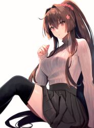 Rule 34 | 1girl, black skirt, black thighhighs, breasts, brown eyes, brown hair, feet out of frame, fingernails, flower, hair flower, hair ornament, highres, kantai collection, kasumi (skchkko), large breasts, long hair, long sleeves, parted lips, pink flower, pleated skirt, ponytail, ribbed sweater, simple background, skirt, solo, sweater, thighhighs, very long hair, white background, white sweater, yamato (kancolle), zettai ryouiki