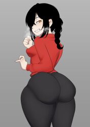 Rule 34 | 1girl, absurdres, ass, black hair, black pants, braid, braided ponytail, breasts, chainsaw man, freshnsfw, from behind, grey background, heavy breathing, highres, huge ass, long hair, long sleeves, looking at viewer, looking back, nayuta (chainsaw man), pants, red shirt, shirt, small breasts, smile, solo, thick thighs, thighs, tight clothes, tight pants, turtleneck, wide hips, yellow eyes