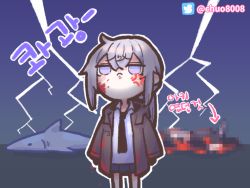Rule 34 | 1girl, 28 (282teeth), anger vein, bad id, bad pixiv id, blood, blood on clothes, blood on face, censored, censored violence, chibi, commentary request, cowboy shot, dark background, girls&#039; frontline, grey eyes, grey hair, korean commentary, korean text, lightning, m200 (girls&#039; frontline), mosaic censoring, necktie, shark, translation request, twitter logo, twitter username