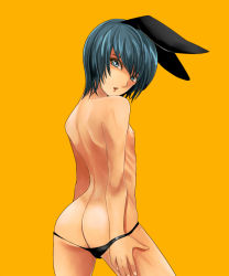 Rule 34 | animal ears, ass, bad id, bad pixiv id, blue eyes, blue hair, flat chest, from behind, gennama, looking back, nipples, open mouth, original, rabbit ears, short hair, simple background, solo, underwear, undressing, yellow background
