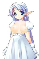 Rule 34 | 1girl, blue hair, breasts, celerian, elf, emily (pure dream), eya interactive, game, gloves, jpeg artifacts, large breasts, lowres, luna online, mmorpg, nipples, nude, nude filter, pointy ears, skirt, solo, third-party edit, topless, wind slayer