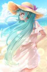 Rule 34 | 1girl, absurdres, aqua eyes, aqua hair, bare shoulders, beach, cloud, cloudy sky, dress, frilled dress, frills, hat, hatsune miku, highres, long hair, ocean, simple background, sky, straw hat, summer, summer uniform, takie arts, twintails, very long hair, vocaloid, white dress