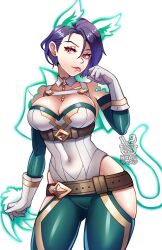 Rule 34 | 1girl, alternate costume, animal ears, animal hands, artist logo, asymmetrical hair, belt, blue hair, bodice, breasts, cat ears, cat paws, cat tail, choker, cleavage, collarbone, covered navel, detached sleeves, fake animal ears, fake tail, fire emblem, fire emblem: three houses, fire emblem heroes, gloves, hakuramen, highres, hip vent, large breasts, looking at viewer, mature female, nintendo, purple eyes, shamir nevrand, short hair, skin tight, skindentation, solo, tail, tongue, tongue out