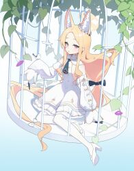 Rule 34 | 1girl, absurdres, animal, animal ear fluff, animal ears, bare shoulders, bird, blonde hair, blue archive, blush, breasts, commentary, detached sleeves, dress, e li (77864296), extra ears, flower, fox ears, full body, halo, high heels, highres, leaf, long hair, morning glory, pantyhose, parted lips, purple flower, seia (blue archive), sleeves past fingers, sleeves past wrists, small breasts, solo, striped clothes, striped pantyhose, symbol-only commentary, vertical-striped clothes, vertical-striped pantyhose, white bird, white dress, white footwear, white pantyhose, yellow eyes, yellow halo