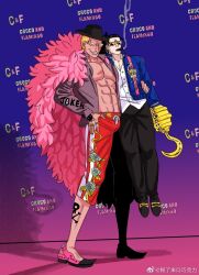 Rule 34 | 2boys, black hair, blonde hair, cigar, crocodile (one piece), donquixote doflamingo, facial hair, fedora, full body, grin, hair slicked back, hand on another&#039;s hip, hat, height difference, hook hand, lifting person, male focus, mature male, mg cls, multiple boys, mustache, one piece, open clothes, open shirt, pants, pectoral cleavage, pectorals, photo shoot, red carpet, sanpaku, scar, scar on face, scar on nose, short hair, smile, smoking, stitches, sunglasses, unamused, yaoi