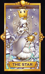 Rule 34 | 1girl, asymmetrical bangs, bare shoulders, black border, border, brooch, closed mouth, collarbone, commentary, crescent, crown, detached sleeves, dress, english commentary, english text, frilled dress, frilled sleeves, frills, full body, hair over one eye, holding, holding trophy, holding wand, jewelry, limited palette, lipstick, long bangs, long dress, long sleeves, looking at viewer, luma (mario), makeup, mario (series), mini crown, nintendo, quas-quas, rosalina, shoes, sleeveless, sleeveless dress, smash ball, smile, star (symbol), star brooch, super smash bros., tarot, the star (tarot), tree, trophy, wand, water, yellow footwear, yellow headwear