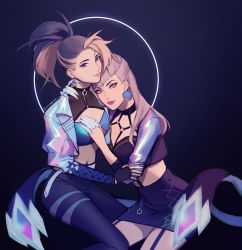 Rule 34 | 2girls, absurdres, akali, asymmetrical clothes, claws, cropped jacket, earrings, evelynn (league of legends), garter straps, highres, jewelry, league of legends, long hair, looking at viewer, multicolored hair, multiple girls, open clothes, ponytail, skirt, thighhighs, utamaruu, yellow eyes, yuri