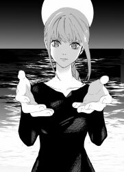 Rule 34 | 1girl, braid, chainsaw man, collarbone, expressionless, from side, greyscale, hands up, highres, looking at viewer, makima (chainsaw man), matsumotoasumu, monochrome, parted lips, reflection, reflective water, ringed eyes, single braid, solo, straight-on, upper body, water