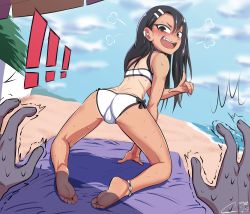 Rule 34 | !, !!, 1girl, 1other, absurdres, ass, bare arms, bare legs, bare shoulders, barefoot, bikini, black hair, blush, bow, bow bikini, cabronpr, commission, day, earclip, feet, from behind, hair between eyes, highres, ijiranaide nagatoro-san, index finger raised, kneepits, long hair, looking at viewer, looking back, nagatoro hayase, nose blush, one-piece tan, outdoors, pov, side-tie bikini bottom, soles, solo focus, sweat, swimsuit, tan, tanline, toes, trembling, white bikini