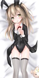 Rule 34 | 1girl, alternate costume, bed sheet, black coat, black leotard, black ribbon, blush, boko (girls und panzer), bow, bowtie, brown eyes, coat, coattails, collar, commentary, covered navel, detached collar, from above, girls und panzer, gluteal fold, grey thighhighs, hair ribbon, head tilt, langley1000, leotard, light brown hair, long hair, long sleeves, looking at viewer, lying, on back, on bed, one side up, open mouth, playboy bunny, red bow, red bowtie, ribbon, shimada arisu, smile, solo, stuffed animal, stuffed toy, teddy bear, thighhighs, white collar, wing collar