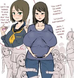 Rule 34 | big belly, blue eyes, blush, breasts, brown hair, different times, egao (sikorsky), english text, highres, holding belly, huge breasts, long hair, looking at viewer, mature female, mature female, peace symbol, pregnancy test, pregnant, school uniform, short hair, simple background