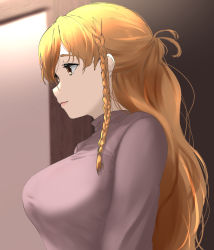 Rule 34 | 1girl, alternate costume, blonde hair, blush, braid, breasts, brown eyes, commentary request, eyelashes, french braid, highres, kantai collection, large breasts, long hair, long sleeves, looking away, shirt, smile, solo, tama (tamago), wavy hair, zara (kancolle)