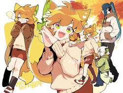 Rule 34 | animal ears, black hair, brown jacket, cat boy, cat ears, closed eyes, drawstring, fang, fox ears, fox girl, fox tail, green eyes, hands in pockets, jacket, long hair, long sleeves, looking at viewer, luo xiaohei, luo xiaohei (human), luo xiaohei zhanji, multiple views, open mouth, orange hair, outline, own hands together, ponytail, profile, red skirt, ruoshui (the legend of luoxiaohei), shoes, short hair, skirt, smile, tail, tan sweater, vox, walking, white hair, white outline, wuxian (the legend of luoxiaohei)