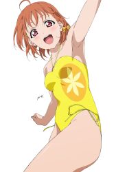 1girl :d ahoge armpits bare_shoulders bow braid breasts clover_hair_ornament commentary cowboy_shot hair_bow hair_ornament halterneck hashtag-only_commentary highres love_live! love_live!_sunshine!! medium_breasts nagi_mkrnpn official_alternate_costume one-piece_swimsuit open_mouth orange_hair red_eyes short_hair side-tie_one-piece_swimsuit side_braid signature simple_background smile solo swimsuit takami_chika teeth upper_teeth_only white_background yellow_bow yellow_one-piece_swimsuit