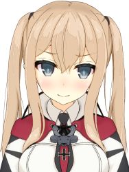 Rule 34 | 10s, 1girl, asakura meito, blonde hair, blue eyes, blush, capelet, graf zeppelin (kancolle), kantai collection, looking at viewer, military, military uniform, necktie, no headwear, no headwear, portrait, sidelocks, simple background, smile, solo, twintails, uniform, upper body, white background