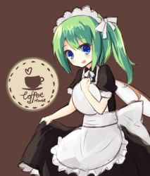 Rule 34 | 1girl, alternate costume, apron, asymmetrical hair, blue eyes, brown background, cup, daiyousei, eluthel, english text, enmaided, fairy wings, green hair, hair ribbon, heart, hugging object, looking at viewer, maid, maid apron, maid headdress, open mouth, ribbon, saucer, short hair, side ponytail, sign, simple background, sketch, skirt, skirt hold, solo, touhou, tray, waitress, wings
