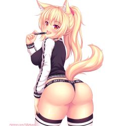 Rule 34 | 1girl, animal ear fluff, animal ears, ass, black panties, blonde hair, blush, breasts, cat ears, cat tail, commentary, cowboy shot, english commentary, english text, from behind, highres, holding, holding stylus, jacket, large breasts, legs apart, long hair, looking at viewer, looking back, no pants, nottytiffy, open mouth, original, panties, patreon username, ponytail, red eyes, slit pupils, solo, stylus, tail, thighhighs, thong, tiffy (nottytiffy), tongue, track jacket, underwear, watermark, web address, white background