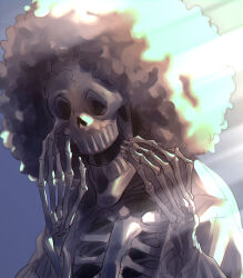 Rule 34 | 1boy, afro, alternate costume, black hair, brook (one piece), hand on own face, hands up, highres, looking down, male focus, one piece, open clothes, open shirt, sad, skeleton, solo, sunlight, tomatop, wide-eyed
