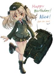 Rule 34 | 1girl, artist name, beret, black footwear, black hat, black jacket, black necktie, black ribbon, black skirt, blouse, boots, brown eyes, centurion (tank), character name, combat boots, cross-laced footwear, dated, dress shirt, emblem, english text, girls und panzer, hair ribbon, happy birthday, hat, highres, jacket, japanese tankery league (emblem), kuroneko douji, lace-up boots, leg up, light brown hair, long hair, long sleeves, looking at viewer, military, military hat, military uniform, military vehicle, miniskirt, motor vehicle, necktie, one side up, open mouth, pleated skirt, ribbon, selection university military uniform, shimada arisu, shirt, skirt, smile, solo, standing, standing on one leg, tank, uniform, white shirt