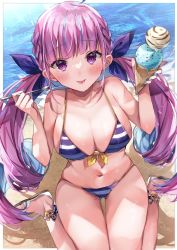 Rule 34 | 1girl, :p, absurdres, bare legs, bare shoulders, beach, bikini, blue hair, blue nails, blue ribbon, blush, braid, breasts, cleavage, colored inner hair, drill hair, food, from above, hair ribbon, highres, holding, holding food, holding spoon, hololive, ice cream, ice cream cone, large breasts, long hair, looking at viewer, minato aqua, minato aqua (hololive summer 2019), multicolored hair, nail polish, navel, outdoors, pink hair, purple eyes, ribbon, sandals, sitting, solo, sorashima (117), spoon, stomach, string bikini, striped bikini, striped clothes, swimsuit, tongue, tongue out, twin drills, twintails, very long hair, virtual youtuber, wariza
