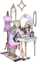 Rule 34 | 1boy, bottle, charisma house, cosmetics, dress, girly boy, gloves, high heels, highres, long hair, looking at mirror, makeup brush, male focus, mannequin, mirror, mojisan (ebimo), narcissism, perfume bottle, pointing, reflection, rug, smile, stool, terra (charisma house)