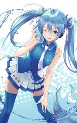 Rule 34 | 1girl, blue hair, blue shirt, blue theme, blue thighhighs, bottle, chokuro, commentary, green eyes, hair between eyes, hair ribbon, hand on own knee, hatsune miku, headphones, highres, holding, holding bottle, leaning forward, long hair, looking at viewer, necktie, one eye closed, open mouth, pleated skirt, pocari sweat, revision, ribbon, shirt, skirt, sleeveless, sleeveless shirt, smile, solo, splashing, thighhighs, twintails, very long hair, vocaloid, water, white necktie