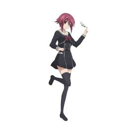 Rule 34 | 10s, 1girl, black dress, black serafuku, black thighhighs, bow, bowtie, chaos;child, collarbone, dress, full body, holding, leg up, looking at viewer, official art, onoe serika, red bow, red bowtie, red eyes, red hair, school uniform, serafuku, short dress, short hair with long locks, sidelocks, silver link, simple background, smile, solo, standing, thighhighs, white background, zettai ryouiki