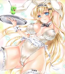 Rule 34 | 1girl, absurdres, animal ears, at classics, blonde hair, blue eyes, bow legwear, breasts, breasts apart, cameltoe, cherry, covered erect nipples, cowboy shot, cup, detached collar, drinking glass, fake animal ears, food, frilled thighhighs, frills, fruit, highres, large breasts, leotard, long hair, looking at viewer, original, playboy bunny, rabbit ears, sample watermark, smile, solo, thick thighs, thighhighs, thighs, very long hair, watermark, white thighhighs
