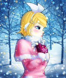 Rule 34 | 1girl, absurdres, bare tree, blush, bow, bowtie, capelet, coat, earmuffs, expressionless, eyeshadow, female focus, from side, gloves, hair ornament, hair ribbon, hairband, hairclip, hairpin, hands on own chest, highres, kagamine rin, lips, makeup, outdoors, pink gloves, pinkisch, plant, ribbon, short hair, snow, snowflakes, snowing, solo, standing, treble clef, tree, upper body, vocaloid, white bow, white bowtie, white ribbon, winter, winter clothes, winter coat