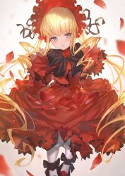 Rule 34 | 1girl, black bow, black footwear, black ribbon, blonde hair, blue eyes, blunt bangs, blush, bonnet, bow, capelet, commentary request, dress, flower, frilled dress, frills, highres, lolita fashion, long hair, long sleeves, looking at viewer, makai no juumin, pantyhose, parted lips, petals, puffy long sleeves, puffy sleeves, red capelet, red dress, red flower, red headwear, red rose, ribbon, rose, rozen maiden, shinku, shoes, sleeves past wrists, smile, solo, twintails, very long hair, white pantyhose