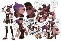Rule 34 | 1girl, 3boys, ?, baseball cap, closed mouth, commentary request, cosplay, creatures (company), dark-skinned male, dark skin, dynamax band, earrings, emphasis lines, eyelashes, facial hair, game freak, gloves, grey-framed eyewear, hat, highres, holster, jacket, jewelry, korean commentary, korean text, league staff (pokemon), league staff (pokemon) (cosplay), leon (pokemon), male focus, multiple boys, nintendo, orange eyes, pants, poke ball, poke ball (basic), pokemon, pokemon swsh, purple hair, raihan (pokemon), redlhzz, shirt, shoes, smile, sunglasses, sweat, translation request