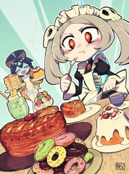 Rule 34 | 2girls, ^ ^, apron, bloody marie (skullgirls), blue skin, blush, blush stickers, brooch, cake, chichibu (watson), closed eyes, coffee mug, colored skin, cup, custard, doughnut, eating, fish girl, flan, food, food on face, fork, frilled apron, frills, green background, grey hair, hair ornament, jewelry, knife, macaron, maid apron, maid headdress, minette (skullgirls), mug, multiple girls, open mouth, pancake, pancake stack, parfait, pie, plate, red eyes, shell hair ornament, skull hair ornament, skullgirls, smile, thighhighs, tray, twintails, whipped cream