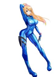 Rule 34 | 1girl, aegis (nerocc), arm behind head, arm up, blonde hair, blue eyes, bodysuit, boots, bracelet, breasts, contrapposto, covered navel, floating hair, full body, gloves, glowing, gun, handgun, holding, holding weapon, holster, jewelry, large breasts, legs, long hair, long legs, looking at viewer, metroid, mole, mole under mouth, nintendo, parted lips, ponytail, samus aran, scrunchie, shiny clothes, sidelocks, simple background, skin tight, solo, standing, swept bangs, thigh holster, thigh strap, thighs, turtleneck, weapon, white background, zero suit