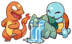Rule 34 | blowing, bulbasaur, charmander, creatures (company), fire, flame-tipped tail, game freak, gen 1 pokemon, nintendo, no humans, open mouth, pokemon, pokemon (creature), sido (slipknot), simple background, squirtle, standing, starter pokemon trio, surprised, flame-tipped tail, vomiting, water, white background, wide-eyed