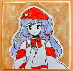 Rule 34 | 1girl, bare shoulders, black eyes, bow, bowtie, cabbie hat, commentary request, detached sleeves, dolls in pseudo paradise, expressionless, flat cap, hair bow, hat, hat ornament, highres, koperi pekori, label girl (dipp), limited palette, long hair, long sleeves, mandarin collar, midriff peek, purple hair, red bow, red bowtie, red hat, shirt, side ponytail, sleeveless, sleeveless shirt, solo, star (symbol), star hat ornament, touhou, traditional media, upper body, very long hair, white shirt, white sleeves, wide sleeves