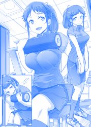 Rule 34 | 1girl, :d, arm behind back, arrow (symbol), blue theme, breasts, clipboard, collared shirt, comic, employee uniform, exercising, exercise machine, getsuyoubi no tawawa, gym, gym shorts, himura kiseki, kneehighs, large breasts, leaning forward, looking to the side, monochrome, multiple views, open mouth, original, ponytail, shirt, shoes, short sleeves, shorts, sidelocks, silent comic, sitting, smile, sneakers, socks, standing, trainer-san (tawawa), uniform, v arms