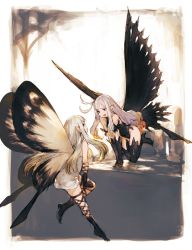 Rule 34 | 2girls, aerie (bravely default), angry, anne (bravely second), black footwear, black gloves, black legwear, boots, bravely default: flying fairy, bravely default (series), bravely second: end layer, butterfly wings, cross-laced clothes, cross-laced legwear, dress, elbow gloves, eye contact, fairy, fairy wings, gloves, high heel boots, high heels, highres, insect wings, junwool, leotard, long hair, looking at another, multiple girls, open mouth, pointy ears, short dress, sidelocks, smile, thigh boots, thighhighs, white hair, wings